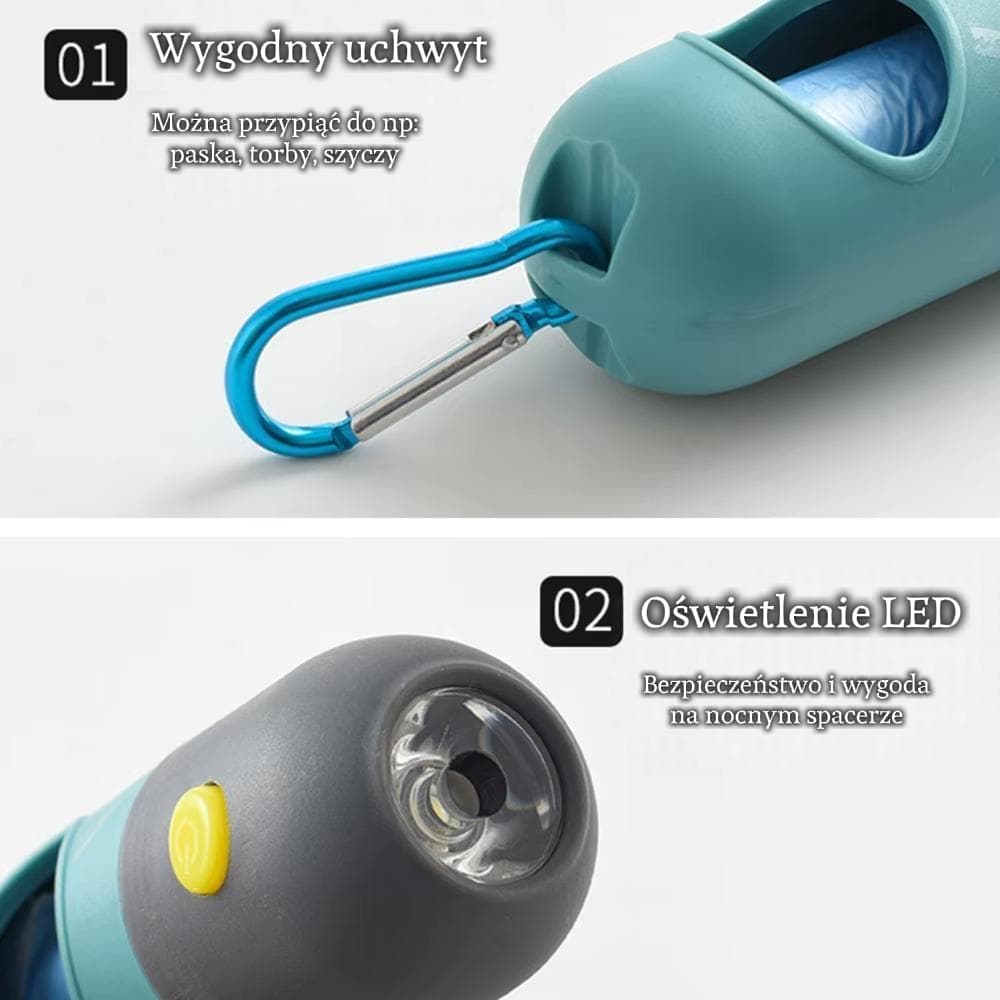Przenośny dozownik biodegradowalnych woreczków z lampką LED 🐾